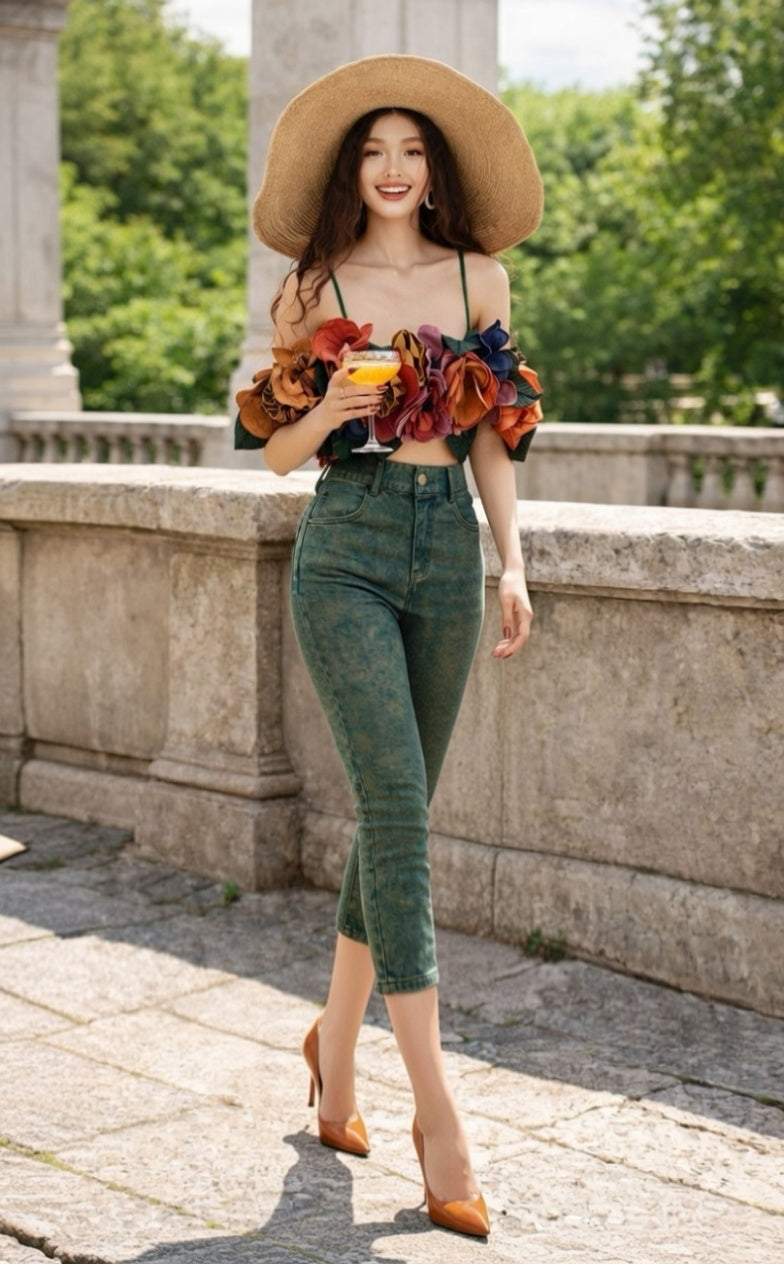 Capris Ultra Stretch Skinny Pants in Premium Denim-Color Green