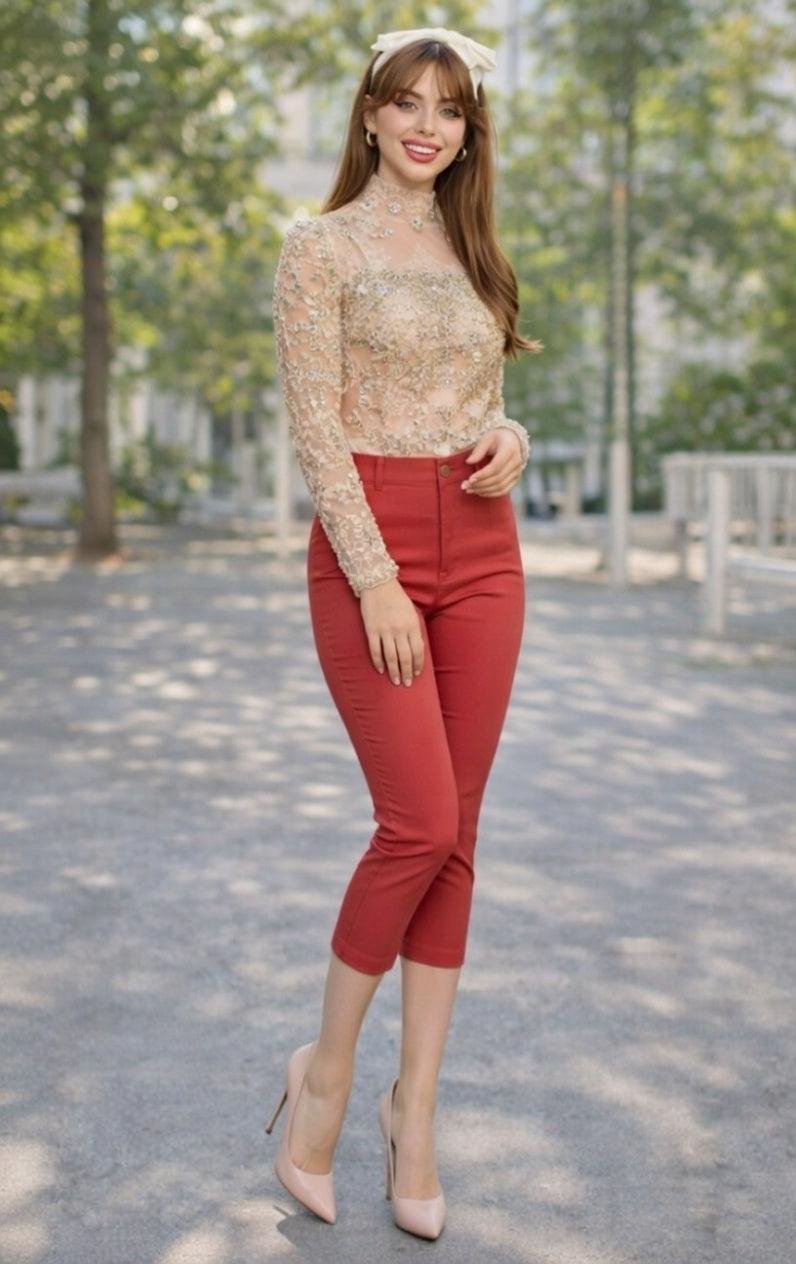 Capris Ultra Stretch Skinny Pants in Orange