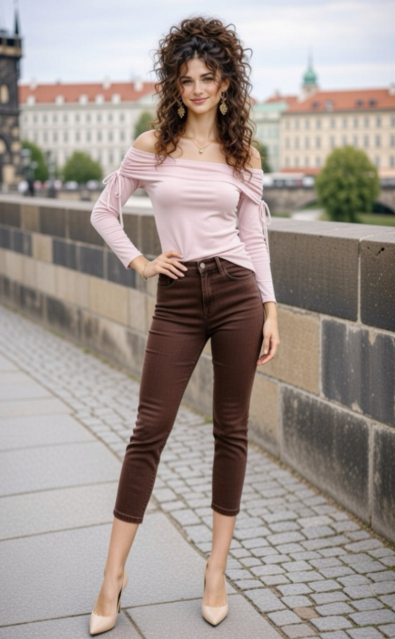 Capris Ultra Stretch Skinny Pants in Premium Denim-Color Brown