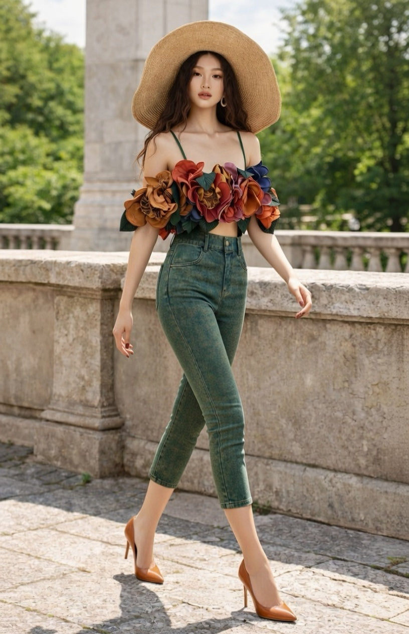 Capris Ultra Stretch Skinny Pants in Premium Denim-Color Green